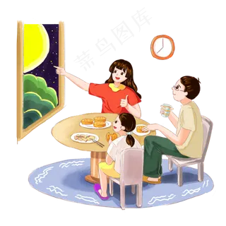 一家人坐在窗前赏月 