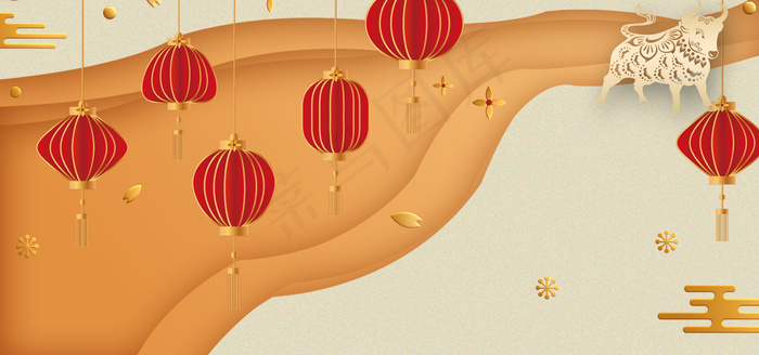 新年灯笼橙色剪纸风(1920*900px 	       )psd模版下载