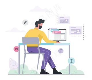 网络和编程概念。坐在书桌旁的人