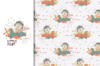 可爱的小男孩飞行员角色。儿童卡打印模板和无缝模式。手绘设计插图。