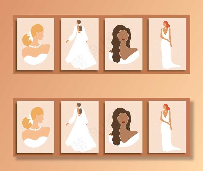 一组抽象的女性形状和轮廓。彩色婚纱中的抽象女性肖像。eps,ai矢量模版下载