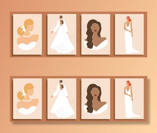 一组抽象的女性形状和轮廓。彩色婚纱中的抽象女性肖像。