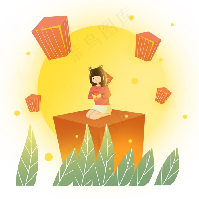 中秋节女孩放孔明灯素材