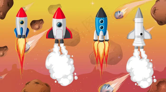 空间背景中的一组不同的火箭和宇宙飞船eps,ai矢量模版下载