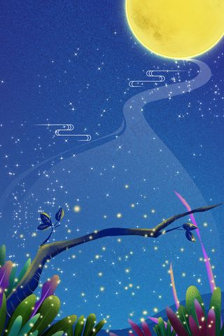 蓝色系梦幻唯美治愈系中秋节星空树木草丛背