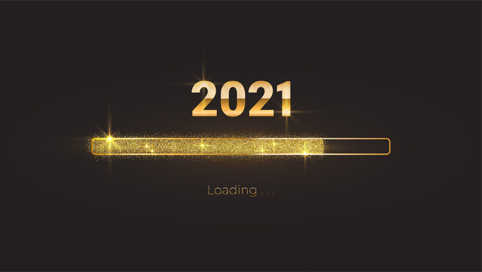 2021年新年，明亮闪亮的加载进度条，金色闪光和火花
