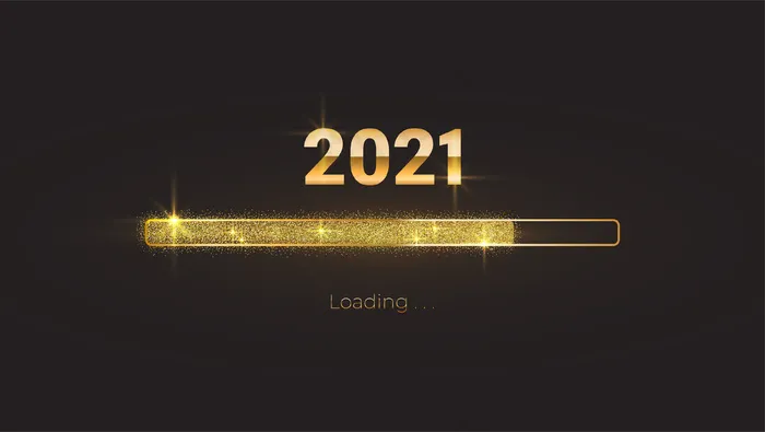 2021年新年，明亮闪亮的加载进度条，金色闪光和火花