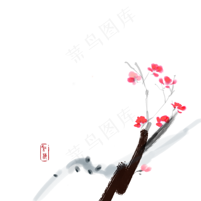 梅花国画水墨晕染水彩手绘红梅(2000X2000(DPI:300))psd模版下载