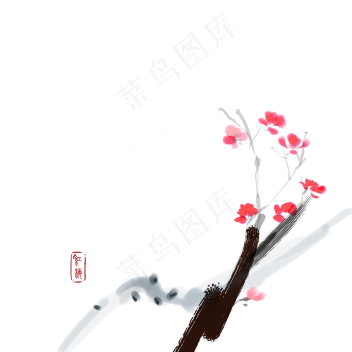 梅花国画水墨晕染水彩手绘红梅(2000X2000(DPI:300))psd模版下载
