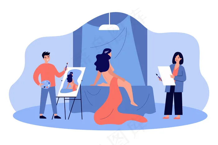画裸体模特肖像的艺术家。画家在画室或学校上绘画课，用油画和画笔作画eps,ai矢量模版下载