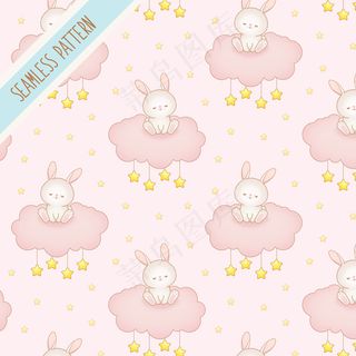 可爱的小兔子在粉红色的云无缝模式