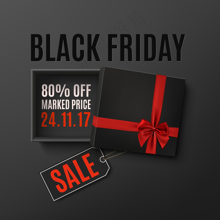 打开黑色空礼盒与红丝带，蝴蝶结和价格标签在黑暗的背景。顶视图。