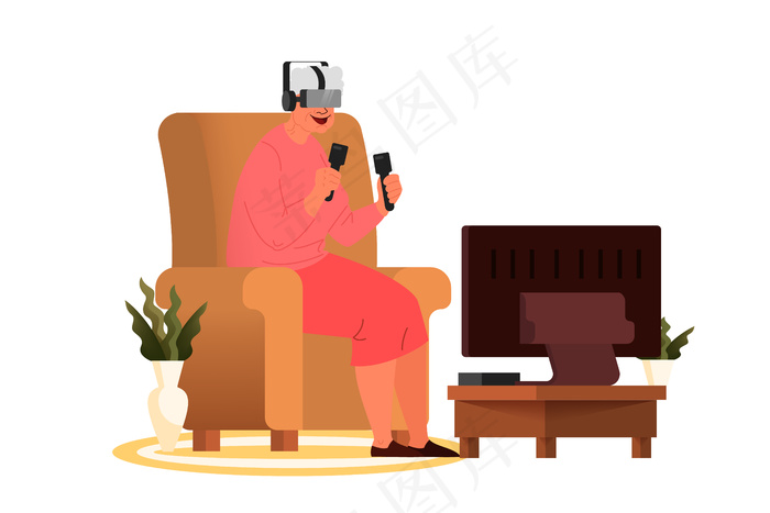 玩电子游戏的老妇人。高级玩游戏机控制器和虚拟现实眼镜设备。老年人有现代生活。