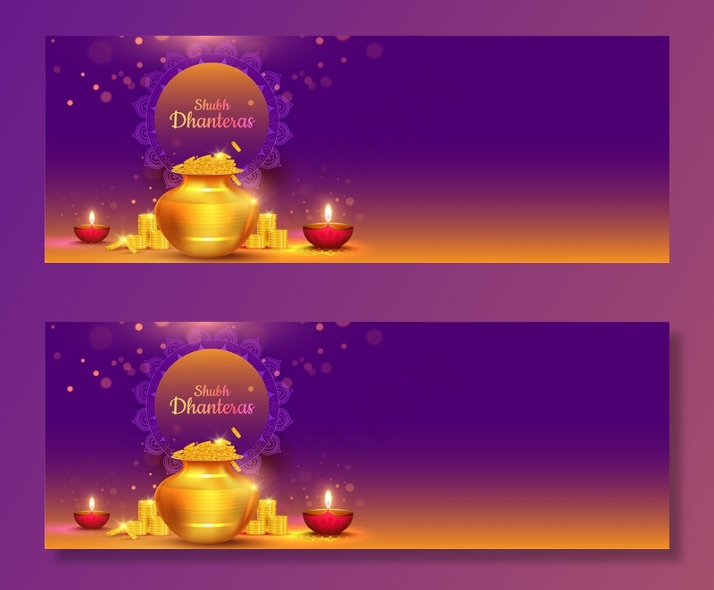 背景横幅banner设计与金色硬币罐和照明油灯（迪雅）为shubh（快乐）Dhantras庆祝概念插图。eps,ai矢量模版下载
