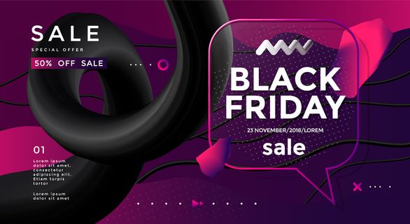 黑色星期五销售横幅banner与三维流动形状和语音泡沫设计。矢量潮流图