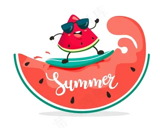 有趣的冲浪者西瓜片骑在西瓜波。夏季插画