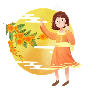 圆月中秋桂花女孩png