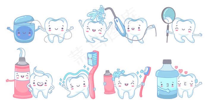 卡通牙齿护理。用牙膏和牙刷刷牙。牙齿喷水器、牙线和漱口液，带有牙齿吉祥物插图套装。eps,ai矢量模版下载