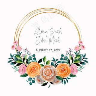 水彩玫瑰花环，金框