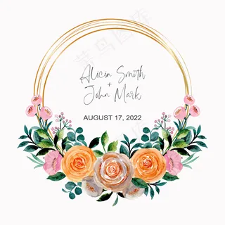 水彩玫瑰花环，金框