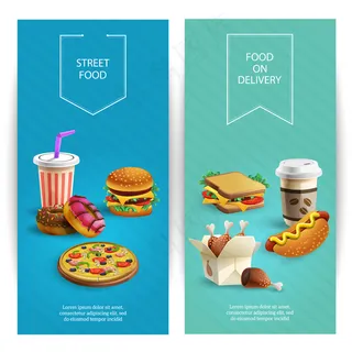 竖直的卡通横幅banner设置了美味的快餐菜肴,快餐店 竖直的卡通横幅banner设置了美味的快餐菜肴,快餐店