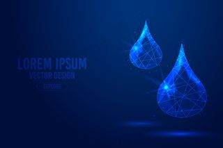 滴血、滴水、滴油、滴液几何线条，低多边形线框矢量模板。隔离医学科学技术概念蓝色背景多边形。