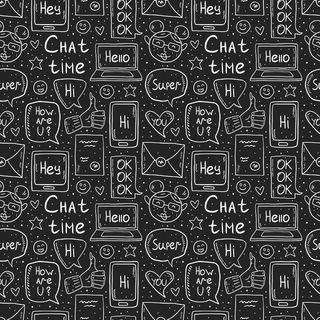 聊天时间粉笔画设计，涂鸦，矢量剪贴画，元素集，无缝模式，图标。语音泡泡、信息、表情符号、信件、小工具。白色单色设计。在黑暗的背景下孤立。