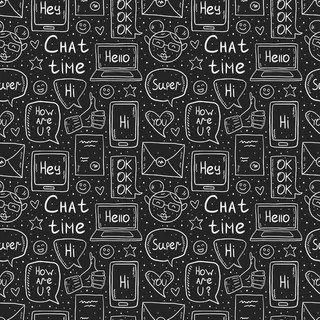 聊天时间粉笔画设计，涂鸦，矢量剪贴画，元素集，无缝模式，图标。语音泡泡、信息、表情符号、信件、小工具。白色单色设计。在黑暗的背景下孤立。