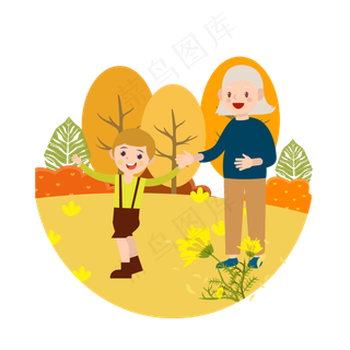 重阳节看菊花暖色系老人和小孩