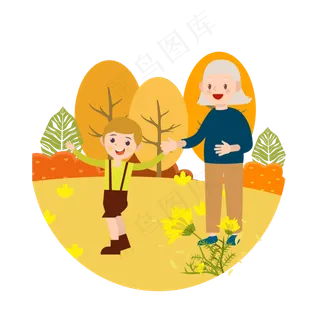 重阳节看菊花暖色系老人和小孩