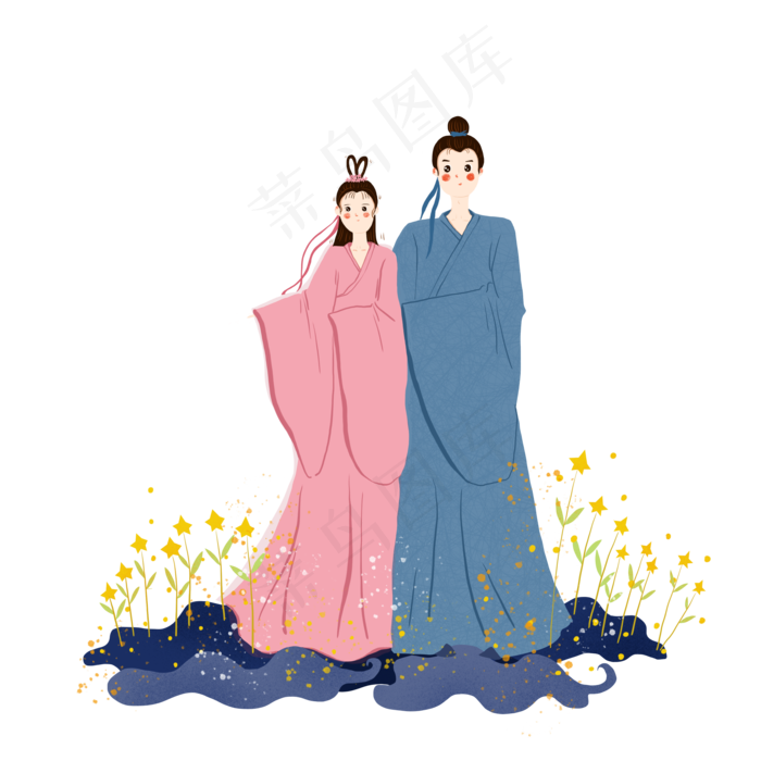 七夕情人节蓝色系牛郎织女手绘
