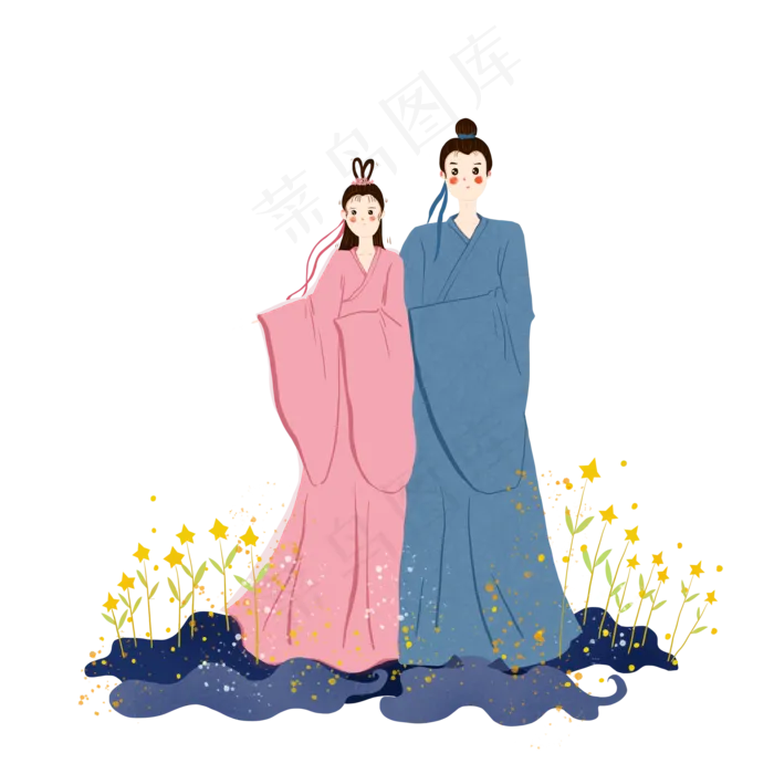 七夕情人节蓝色系牛郎织女手绘(3500X3500(DPI:500))psd模版下载