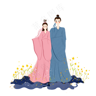 七夕情人节蓝色系牛郎织女手绘