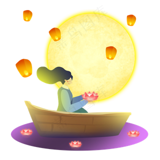 中秋节女孩划船赏花灯素材