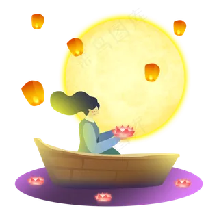 中秋节女孩划船赏花灯素材