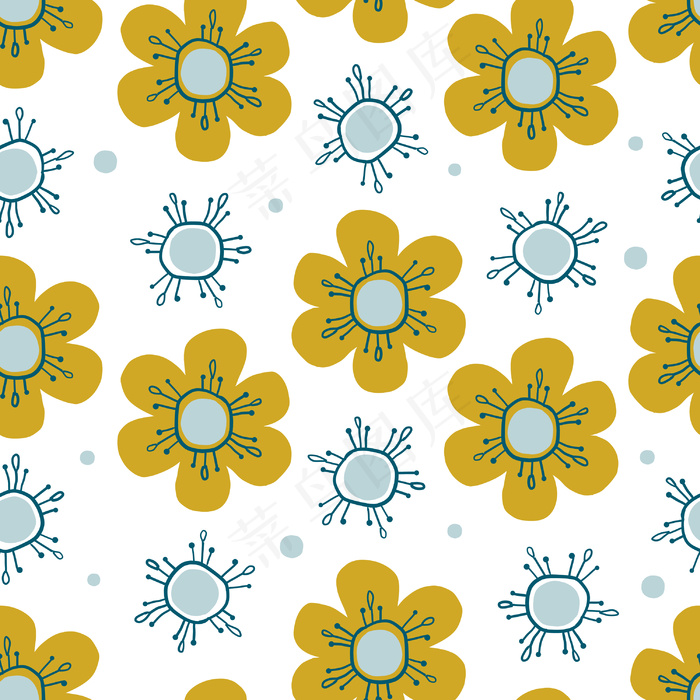 无缝自然图案背景，手绘黄蓝色花朵