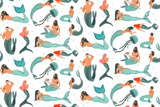 手绘抽象卡通夏季图形插图无缝模式集合与美女美人鱼水下游泳的女孩和男孩的白色背景