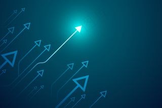 深蓝色背景上的亮箭头向上电路，带有复制空间复制插图，业务增长概念。