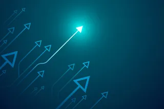 深蓝色背景上的亮箭头向上电路，带有复制空间复制插图，业务增长概念。