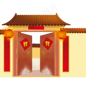 新年对联福字建筑大门围墙