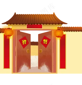 新年对联福字建筑大门围墙