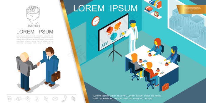 等距的企业管理理念，有人参加会议，有商人握手插画