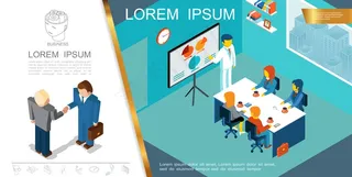 等距的企业管理理念，有人参加会议，有商人握手插画