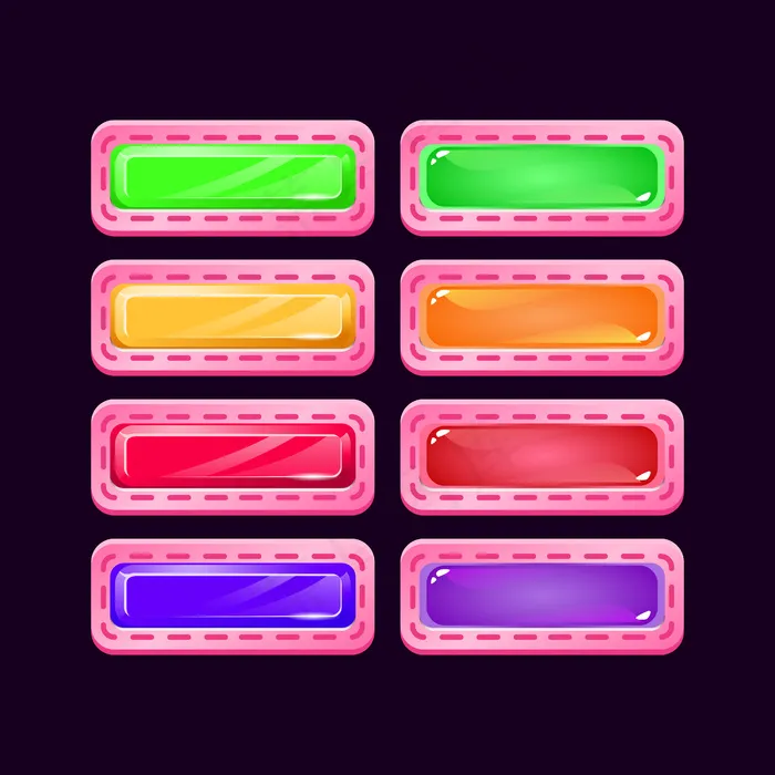 一套游戏界面粉红钻石和果冻彩色按钮的gui资产元素eps,ai矢量模版下载