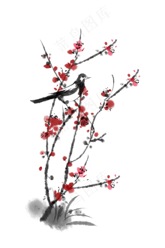 水墨中国风梅花和小鸟(2000X3000(DPI:300))psd模版下载