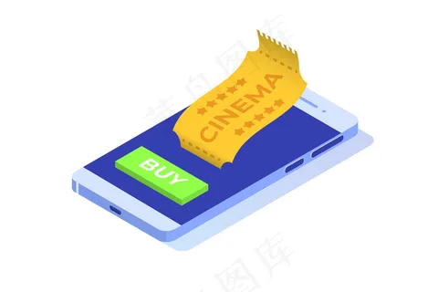 在线电影票预订等距概念。手机app移动应用程序。插图 在线电影票预订等距概念。手机app移动应用程序。插图