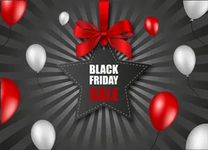 黑色星期五星型价签，红色蝴蝶结和黑色阳光背景上的气球