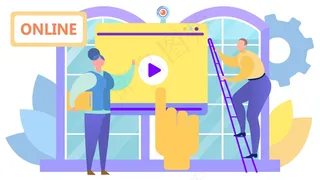 网络媒体视频研讨会，插图。屏幕上播放按钮，在线电脑商务通讯技术。