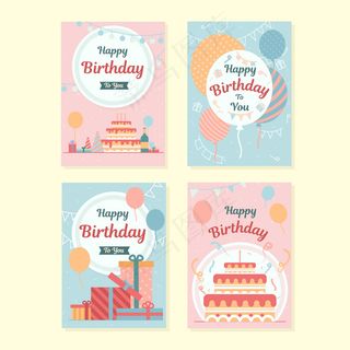 一套带有丰富多彩派对元素的生日贺卡