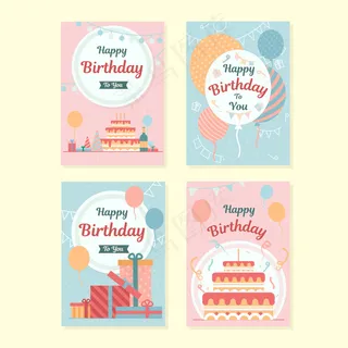 一套带有丰富多彩派对元素的生日贺卡